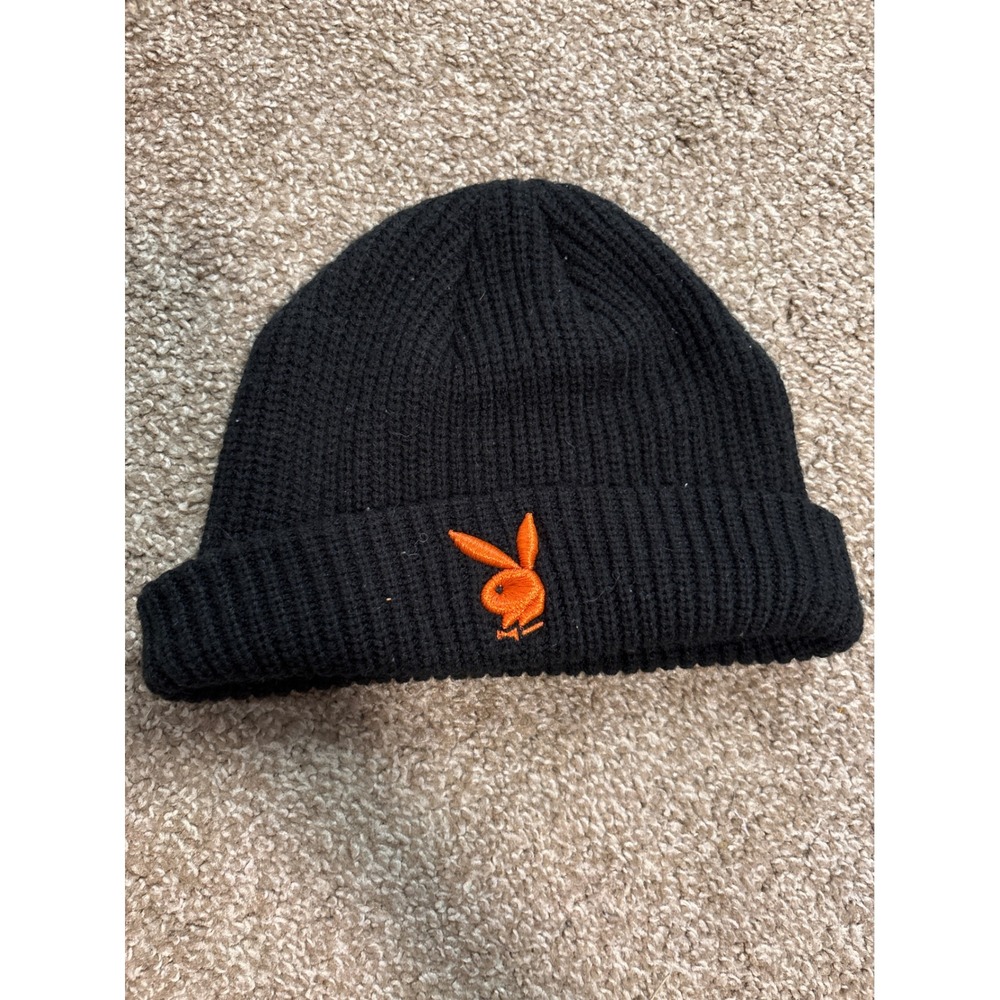 Playboy Beanie Hat Unisex OS Black Orange Embroidered Bunny Logo Ribbed